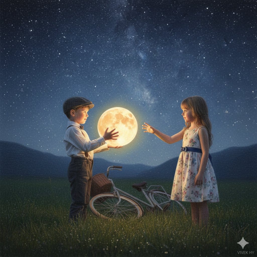 Whimsical Fantasy: Kids Holding a Glowing Moon (JSON)