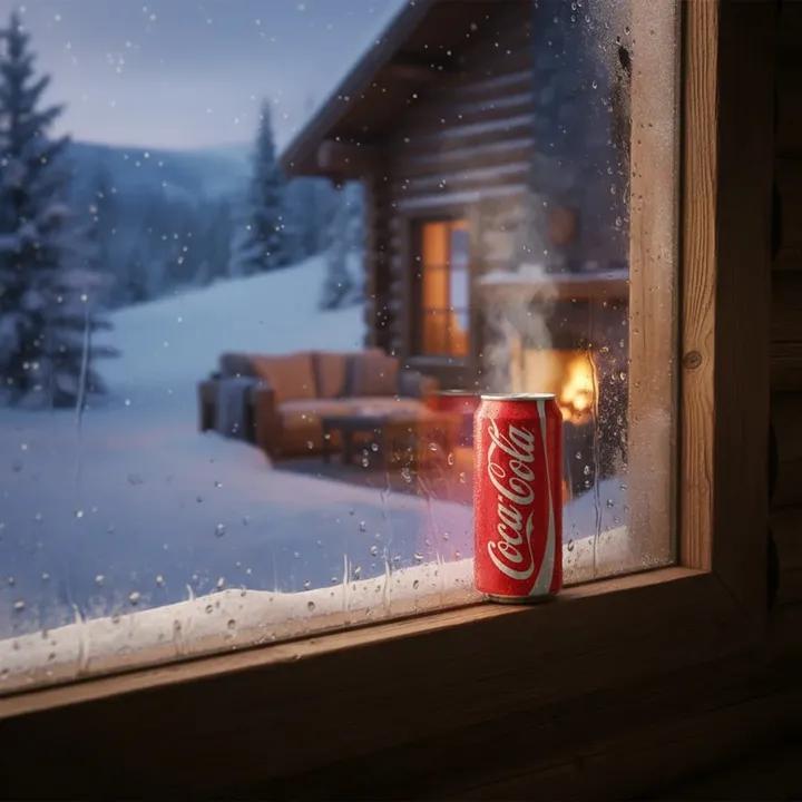 Winter Cabin Scene with Frosted Window and Coca-Cola Can