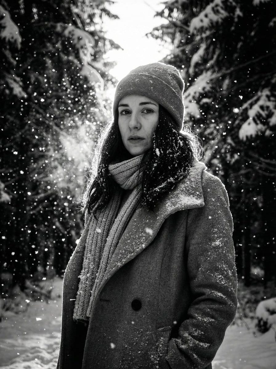 Winter Forest Portrait with Dramatic Backlight