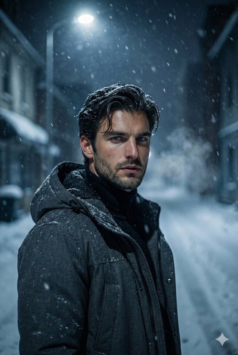 Winter Noir Cinematic Portrait of Man in Snowy Street