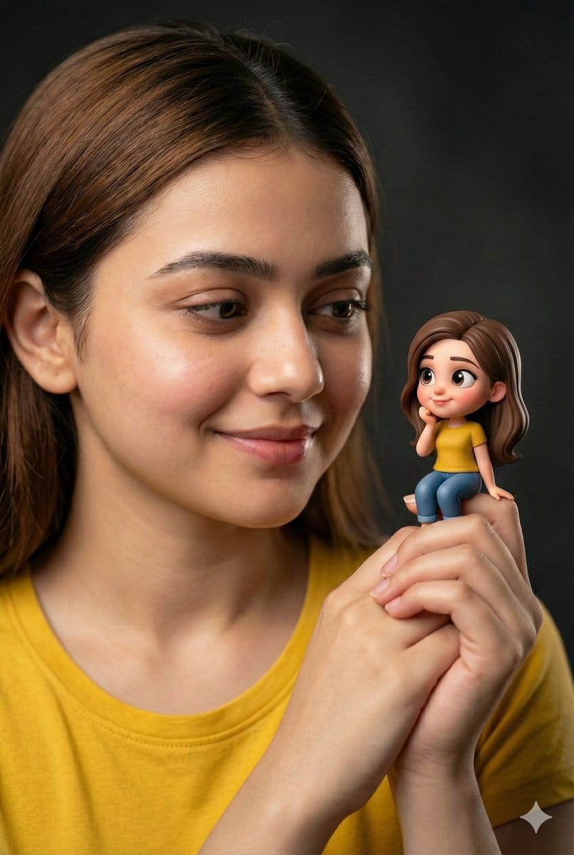 Woman Holding Miniature Figurine Portrait Prompt