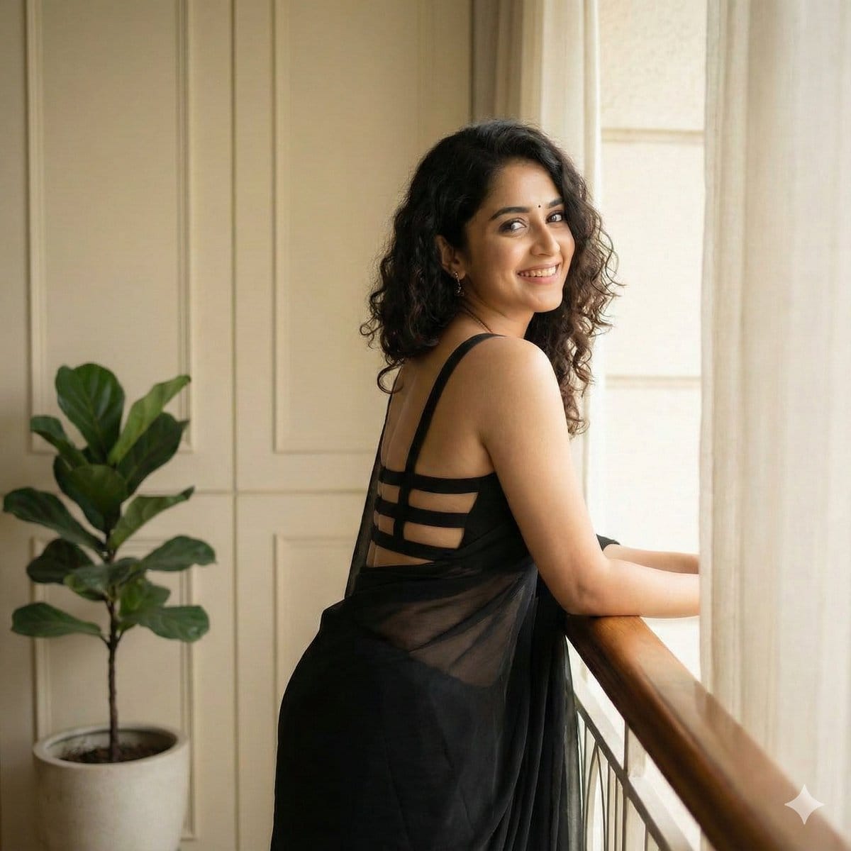 Woman in Backless Saree Leaning on Wooden Railing