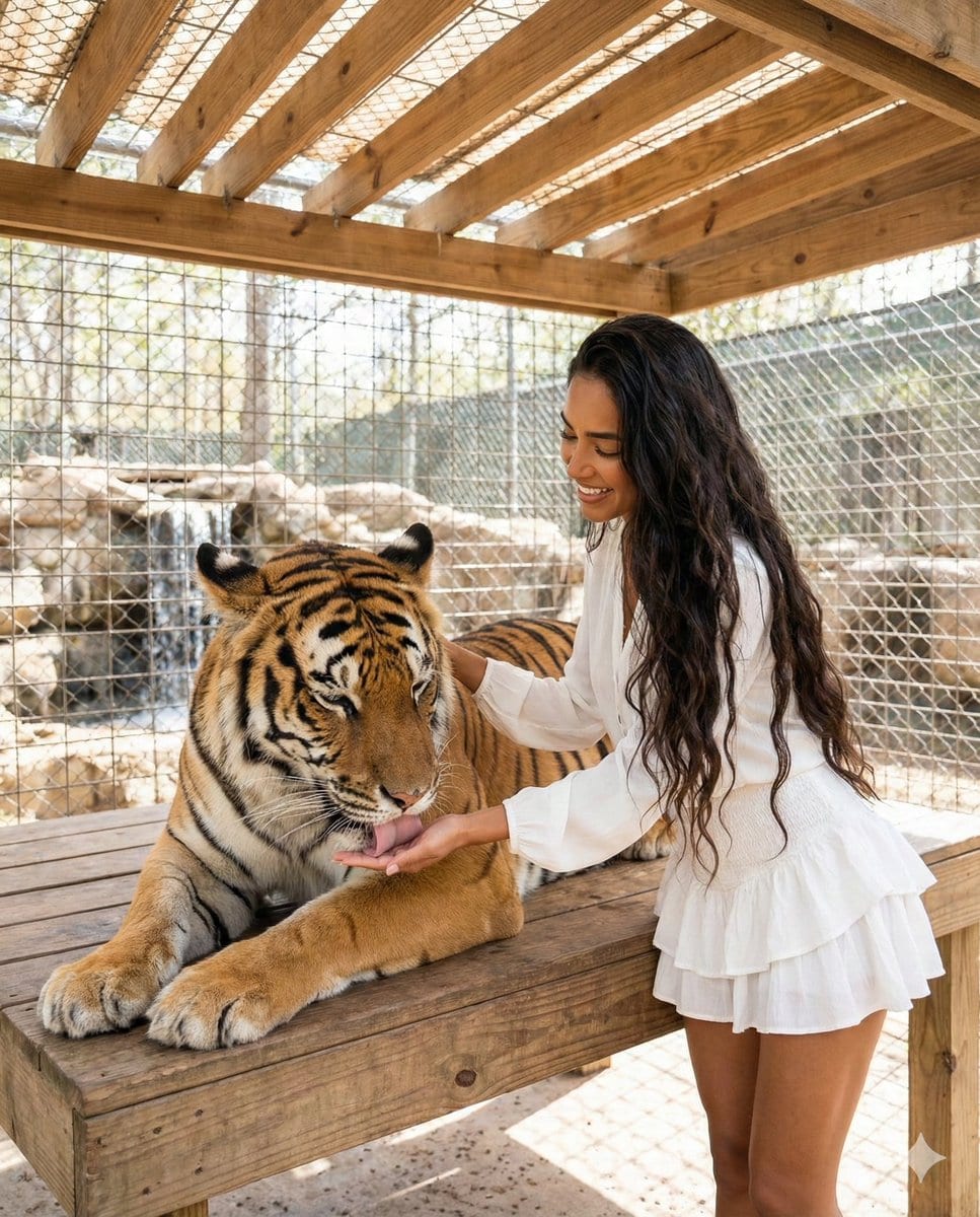 Woman Interacting with Bengal Tiger in Sanctuary