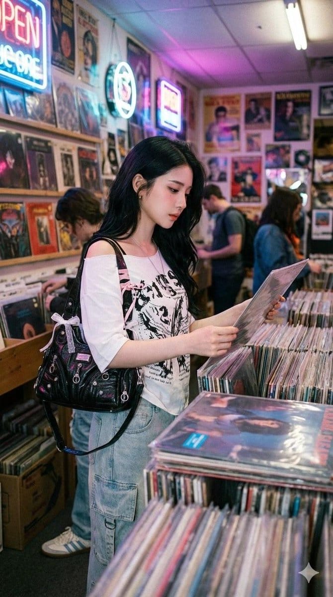 Y2K Coquette Streetwear in a Vintage Record Store