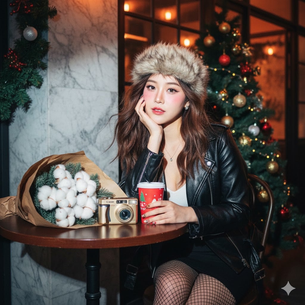 Y2K Flash Portrait at Christmas Cafe