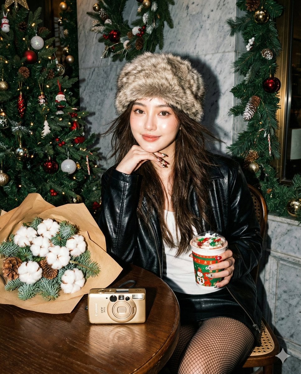 Y2K Flash Portrait in Christmas Café Prompt