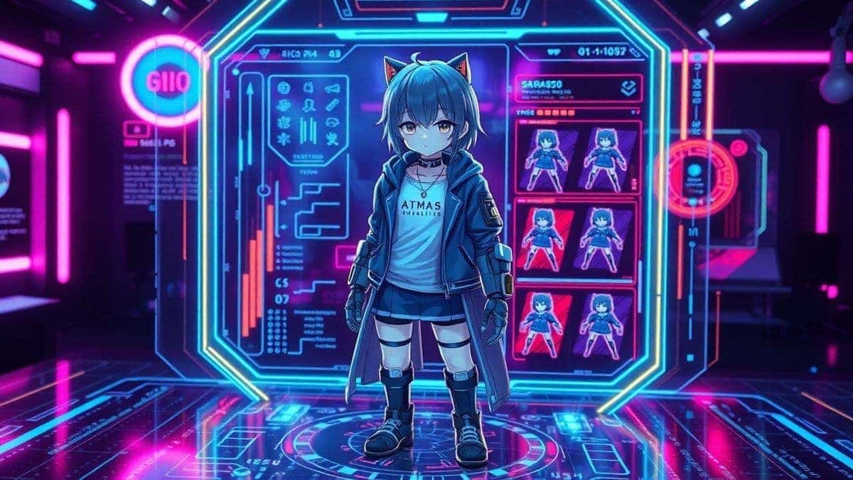 AI generating an anime character on a digital interface, futuristic holographic display, vibrant neon colors, detailed character sheet view, 4k, high quality, professional design studio ambiance
