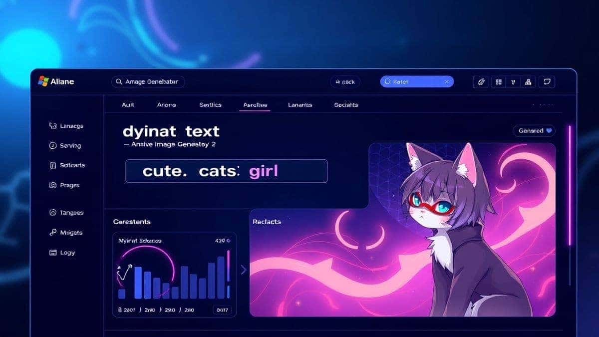 A sleek, futuristic web interface dashboard for an AI anime image generator, showing a text input field with the words 