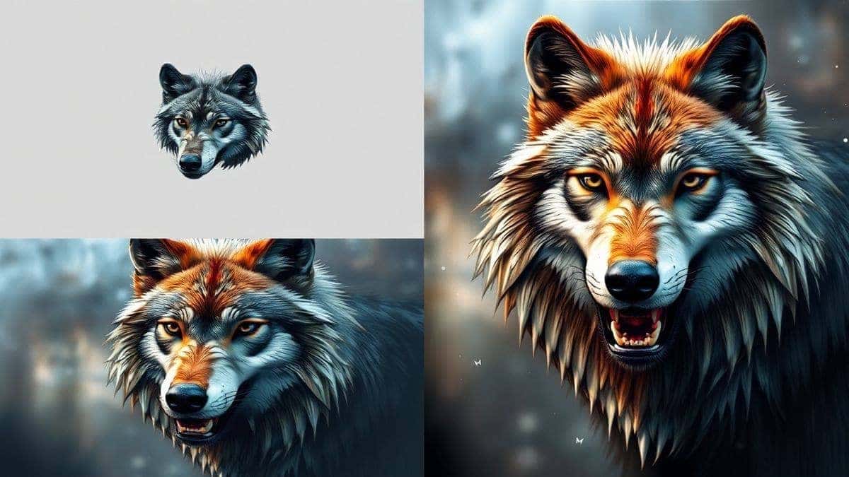 Four panel image showing the evolution of an AI generated wolf art, from a simple concept to a highly detailed masterpiece, showing different prompts and style variations, collage format Four panel image showing the evolution of an AI generated wolf art, from a simple concept to a highly detailed masterpiece, showing different prompts and style variations, collage format