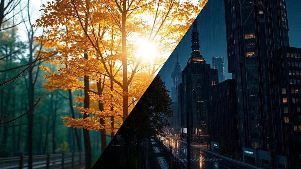 A split-screen image showing two AI-generated backgrounds: one of a soft-focus autumn forest with sunlight, and another of a futuristic cityscape at night with rain, high detail, 4k, professional quality A split-screen image showing two AI-generated backgrounds: one of a soft-focus autumn forest with sunlight, and another of a futuristic cityscape at night with rain, high detail, 4k, professional quality
