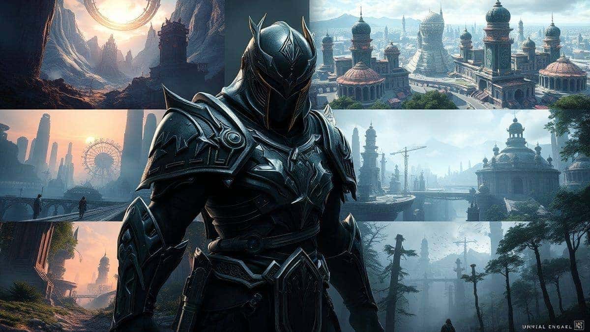 A visually stunning collage of various fantasy game concept art pieces, including a character with intricate armor, a sprawling futuristic city, and a dark forest, all created by AI, digital painting style, 8k, high detail, Unreal Engine 5 aesthetic