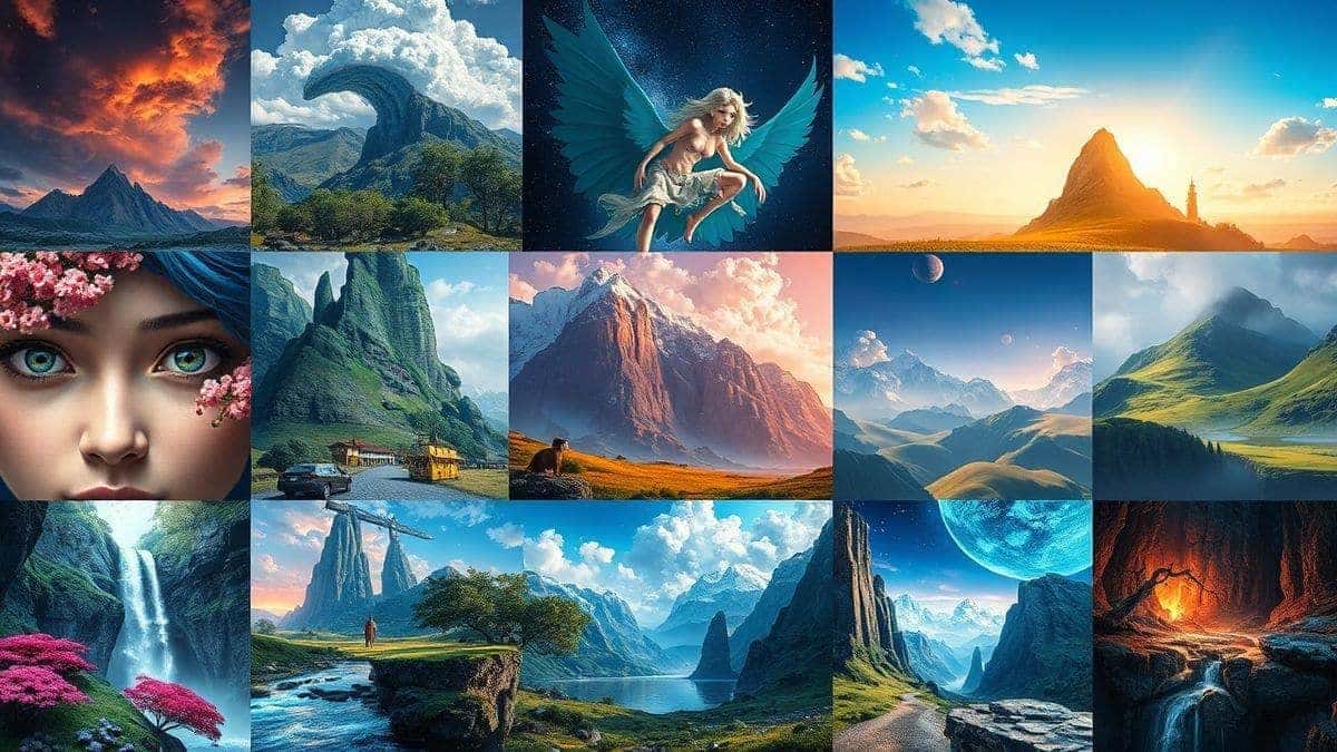 collage of various AI generated images including realistic portraits fantasy landscapes anime characters and abstract art vibrant colors high detail 4k collage of various AI generated images including realistic portraits fantasy landscapes anime characters and abstract art vibrant colors high detail 4k