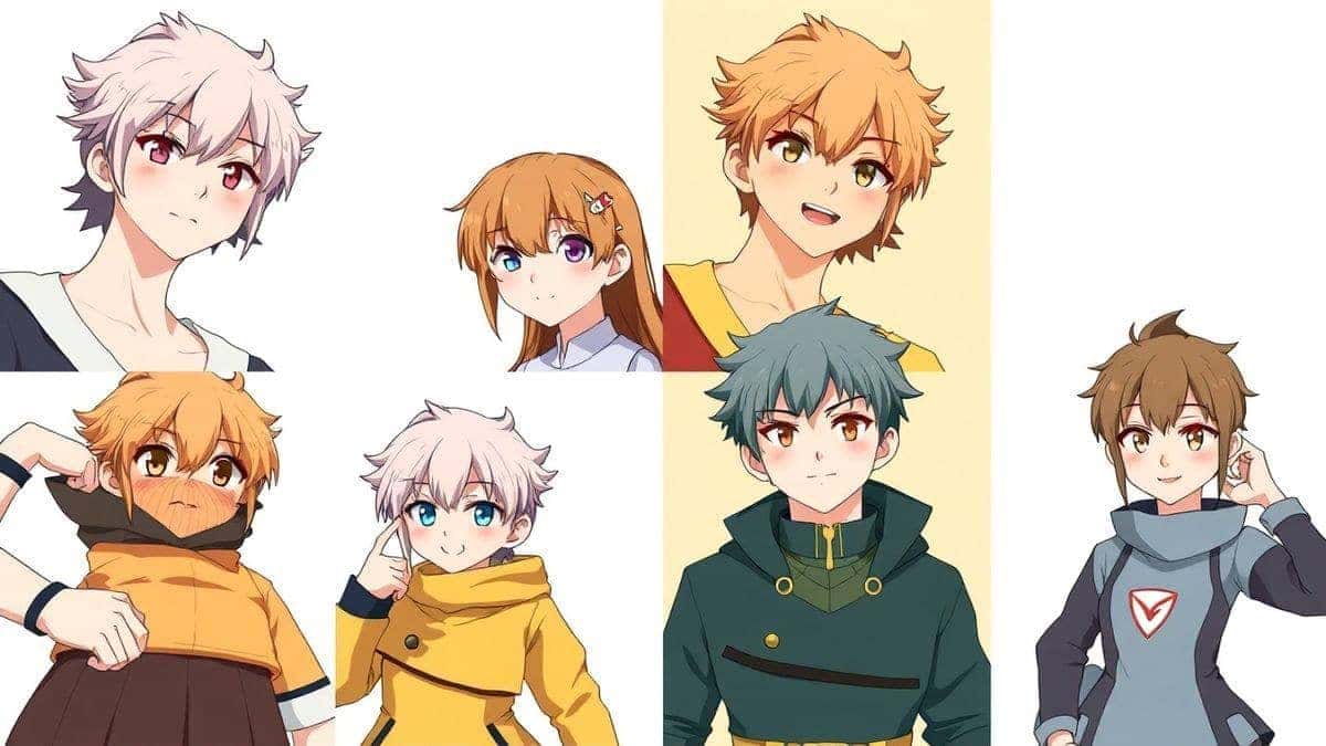 Split screen showing four different AI generated anime character concepts based on a single prompt, each with slight variations in pose and expression, demonstrating the creative options, grid view Split screen showing four different AI generated anime character concepts based on a single prompt, each with slight variations in pose and expression, demonstrating the creative options, grid view