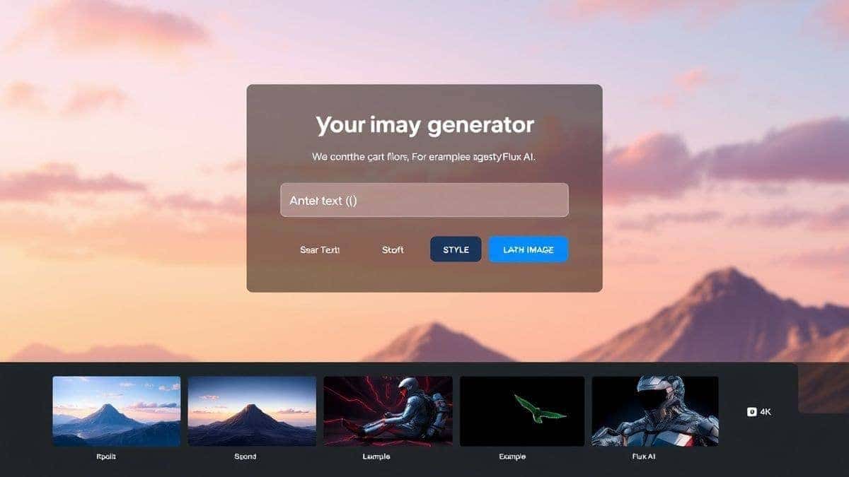 A clean, modern web interface for an AI image generator, showcasing a text input box, style selection buttons, and several high-quality example images generated by Flux AI, futuristic design, 4k, detailed