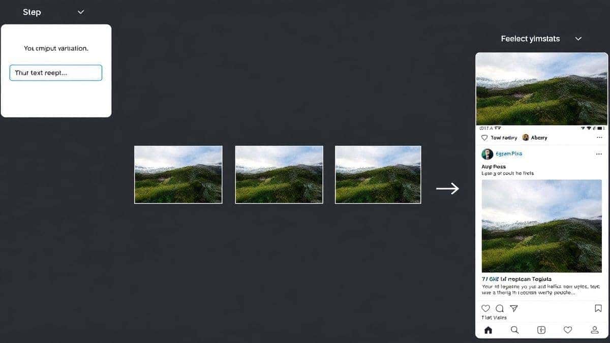 Visual step-by-step workflow showing a text prompt input, then four AI-generated image variations, and finally the selected image being placed into a blog post mockup and a social media template Visual step-by-step workflow showing a text prompt input, then four AI-generated image variations, and finally the selected image being placed into a blog post mockup and a social media template