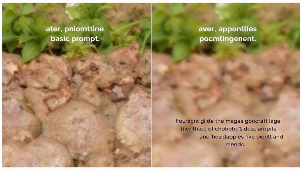 Side-by-side comparison grid showing an image generated with a basic prompt versus an image generated with a structured, detailed prompt using the five-point method, highlighting the difference in quality and detail Side-by-side comparison grid showing an image generated with a basic prompt versus an image generated with a structured, detailed prompt using the five-point method, highlighting the difference in quality and detail