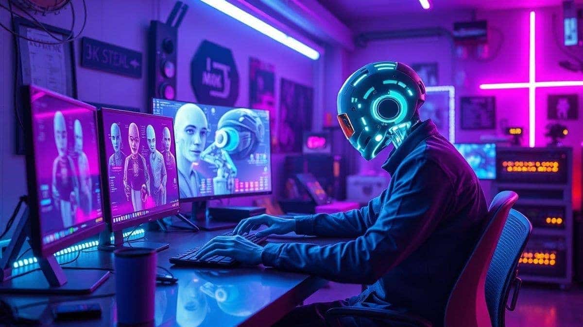 digital artist working with multiple AI image generations appearing instantly on screen, speed lines effect, futuristic creative workspace, neon lighting, 4k resolution
