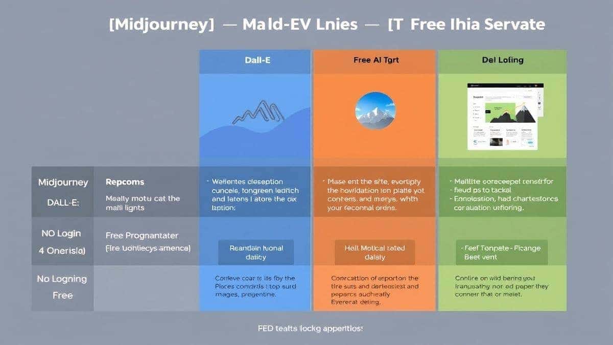 visual comparison chart of Midjourney, DALL-E, and Free AI Image Generator features, highlighting no login and free aspects, modern infographic style, 4k