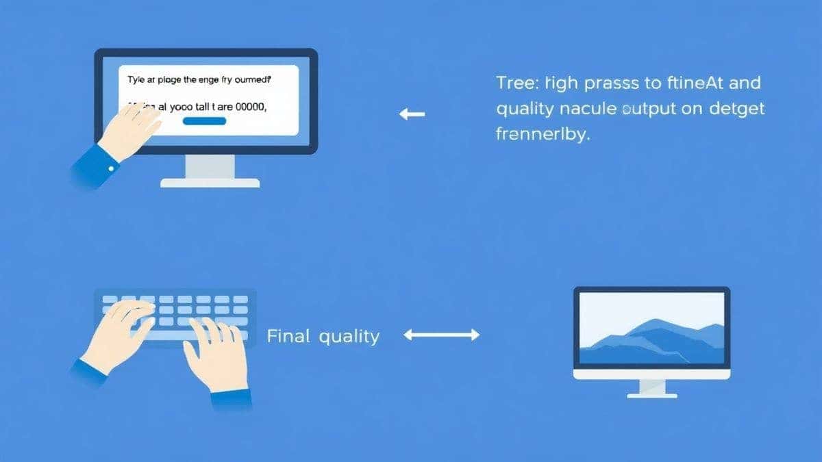 Visual step-by-step guide showing a user typing a prompt into a computer, the AI processing icon, and the final high-quality image output on a screen, clean infographic style Visual step-by-step guide showing a user typing a prompt into a computer, the AI processing icon, and the final high-quality image output on a screen, clean infographic style