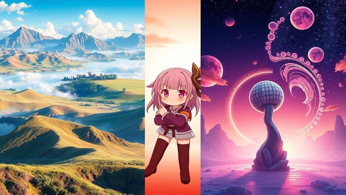 Split screen showing four different AI generated images side by side, including a photorealistic landscape, an anime character, a product mockup, and a surreal concept art, vibrant colors, professional quality, 4k detail
