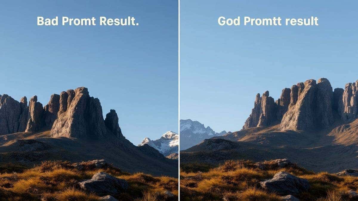 visual comparison showing a bad prompt result versus a good prompt result for the same concept, highlighting details, lighting, and composition, side by side with annotations visual comparison showing a bad prompt result versus a good prompt result for the same concept, highlighting details, lighting, and composition, side by side with annotations