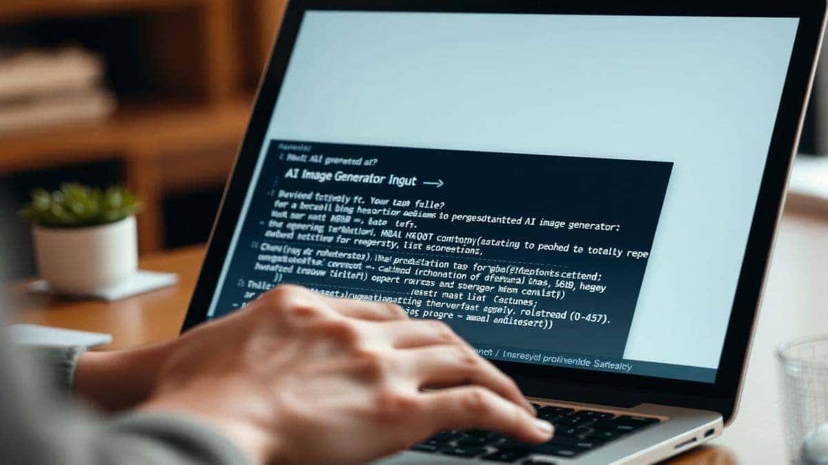 Close up of a person typing a detailed prompt into an AI image generator input field, laptop screen visible, warm lighting, professional environment Close up of a person typing a detailed prompt into an AI image generator input field, laptop screen visible, warm lighting, professional environment