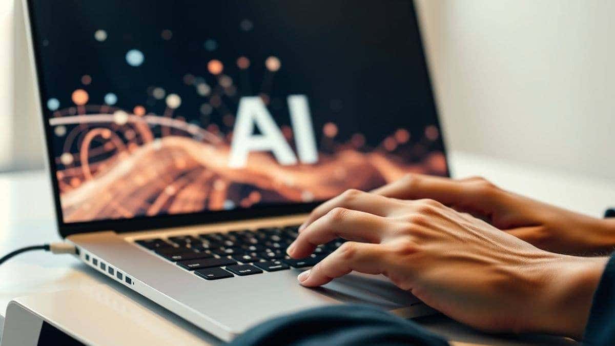 professional writer typing AI image prompts on laptop, modern workspace, clean aesthetic, soft lighting, 4k quality, detailed hands on keyboard, blurred screen showing abstract art