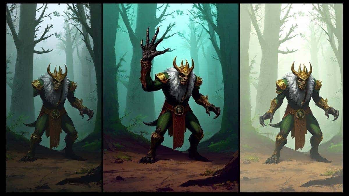 A split-screen image showing three stages of AI-generated concept art for a forest guardian, from a rough first draft on the left, to a more detailed middle version, to the final polished concept on the right, demonstrating the iterative process A split-screen image showing three stages of AI-generated concept art for a forest guardian, from a rough first draft on the left, to a more detailed middle version, to the final polished concept on the right, demonstrating the iterative process