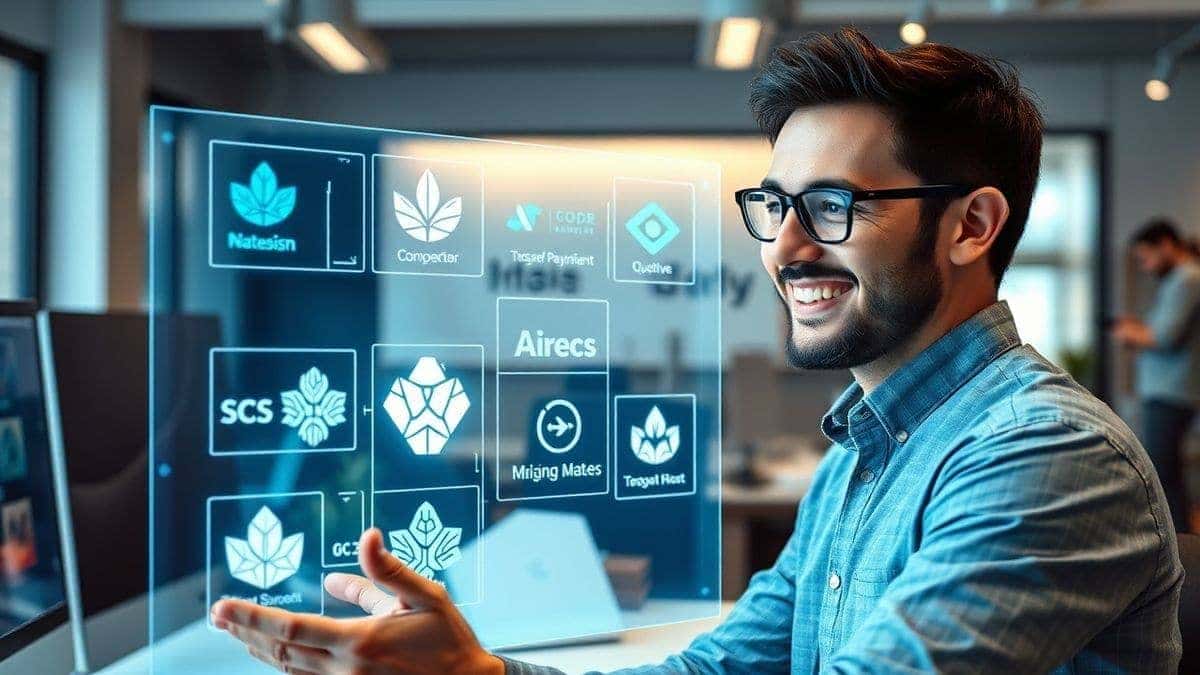 A professional graphic designer smiling while looking at a futuristic holographic display showing AI generated logo concepts, modern creative studio background, bright and inspiring, 4k
