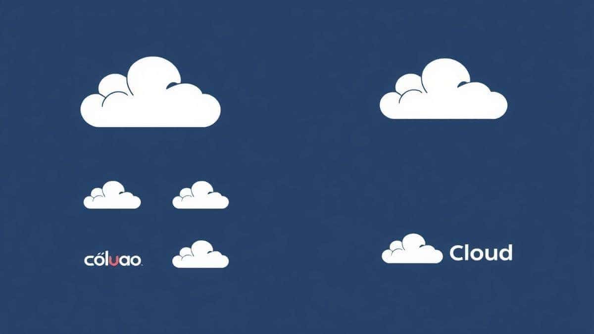 A split screen view showing four different AI generated logo concepts for a cloud computing company on the left, and a refined single logo on the right, digital art style, 4k A split screen view showing four different AI generated logo concepts for a cloud computing company on the left, and a refined single logo on the right, digital art style, 4k