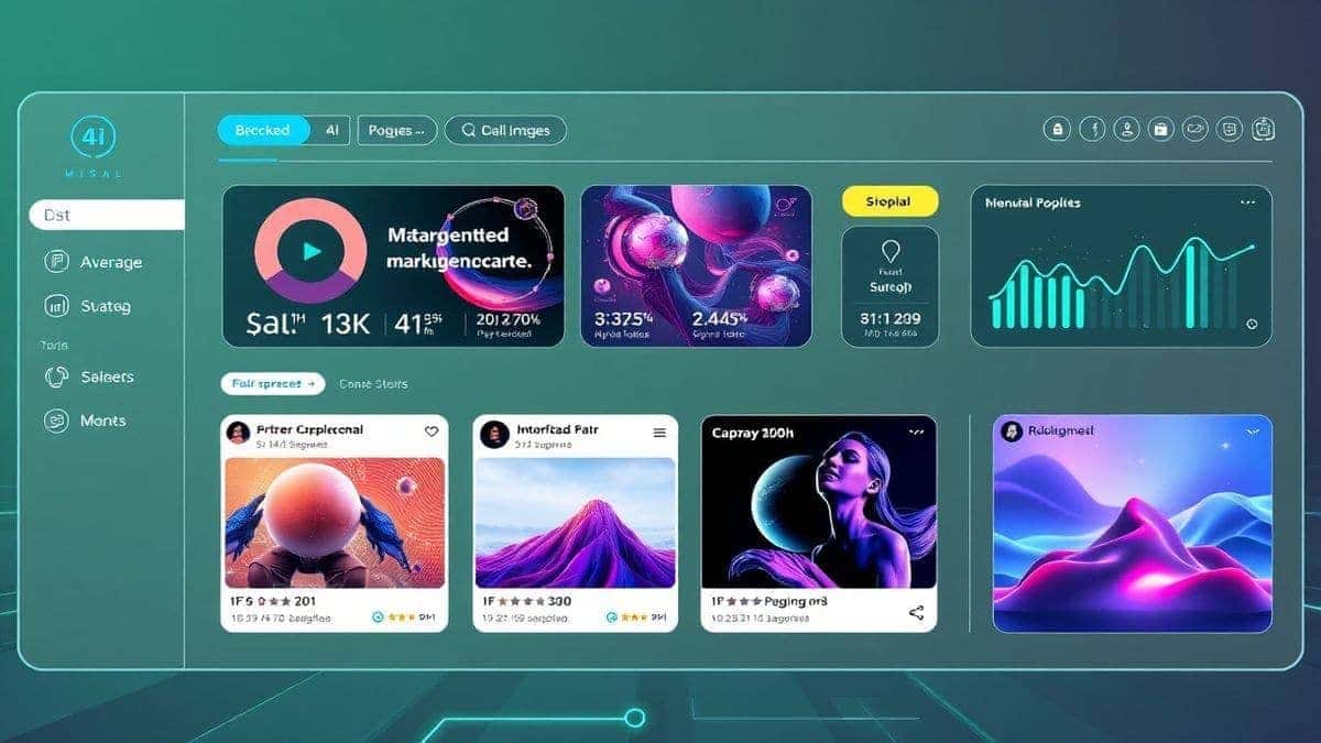 A futuristic marketing dashboard interface showing AI image generation tools, social media templates, and vibrant generated graphics, high tech, clean UI, 4k resolution