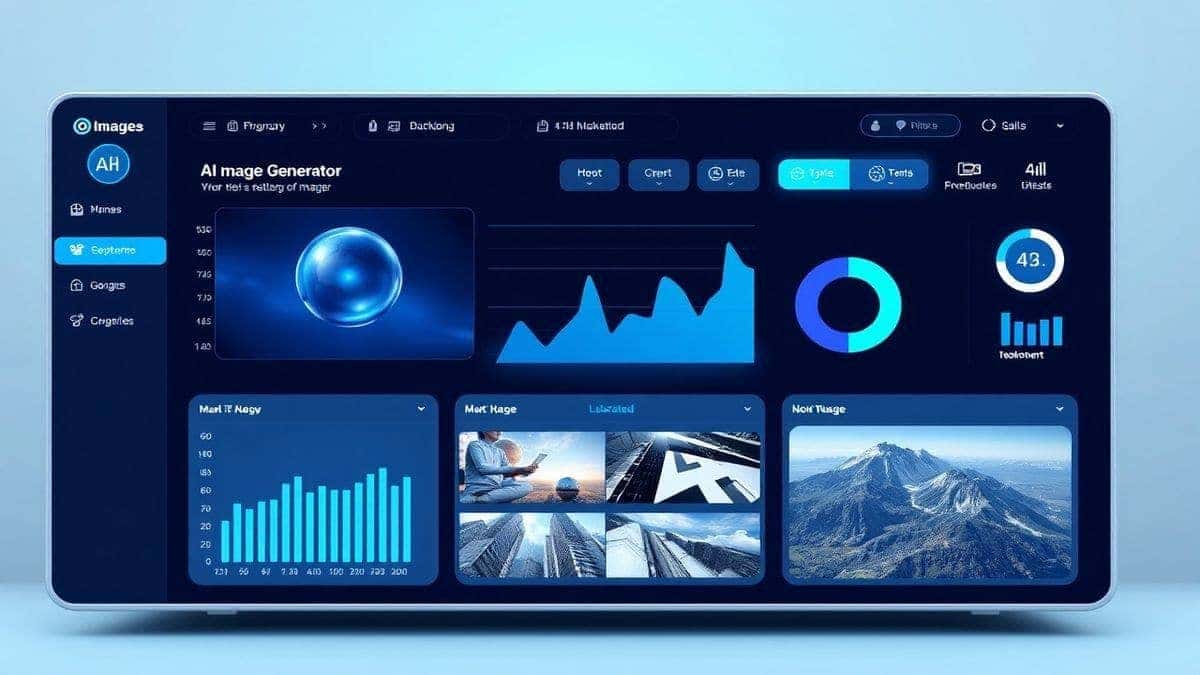 A modern digital dashboard displaying an AI image generator interface with marketing visuals, sleek futuristic design, 4k resolution, clean UI elements, professional lighting, blue and white color scheme