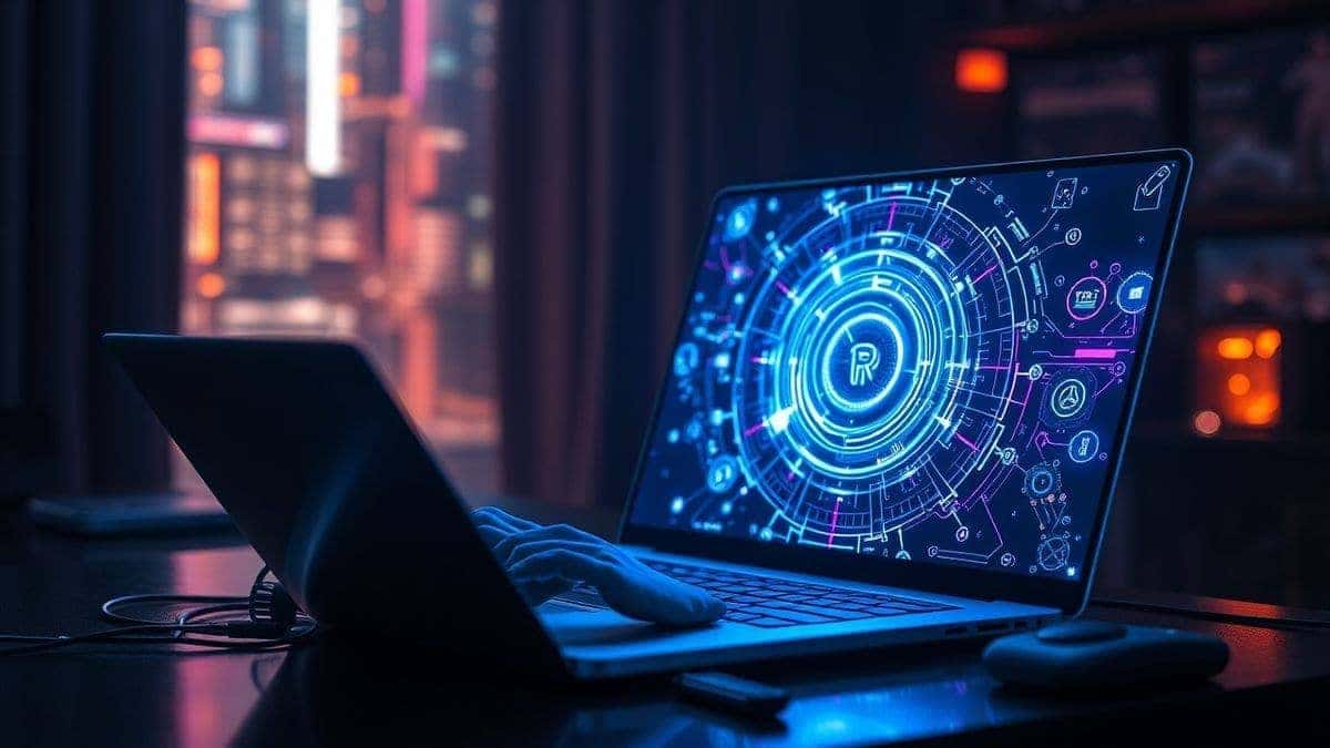 A digital artist working on a laptop, creating futuristic AI generated NFT art, holographic displays, cyberpunk style, high detail, professional studio lighting, 4k