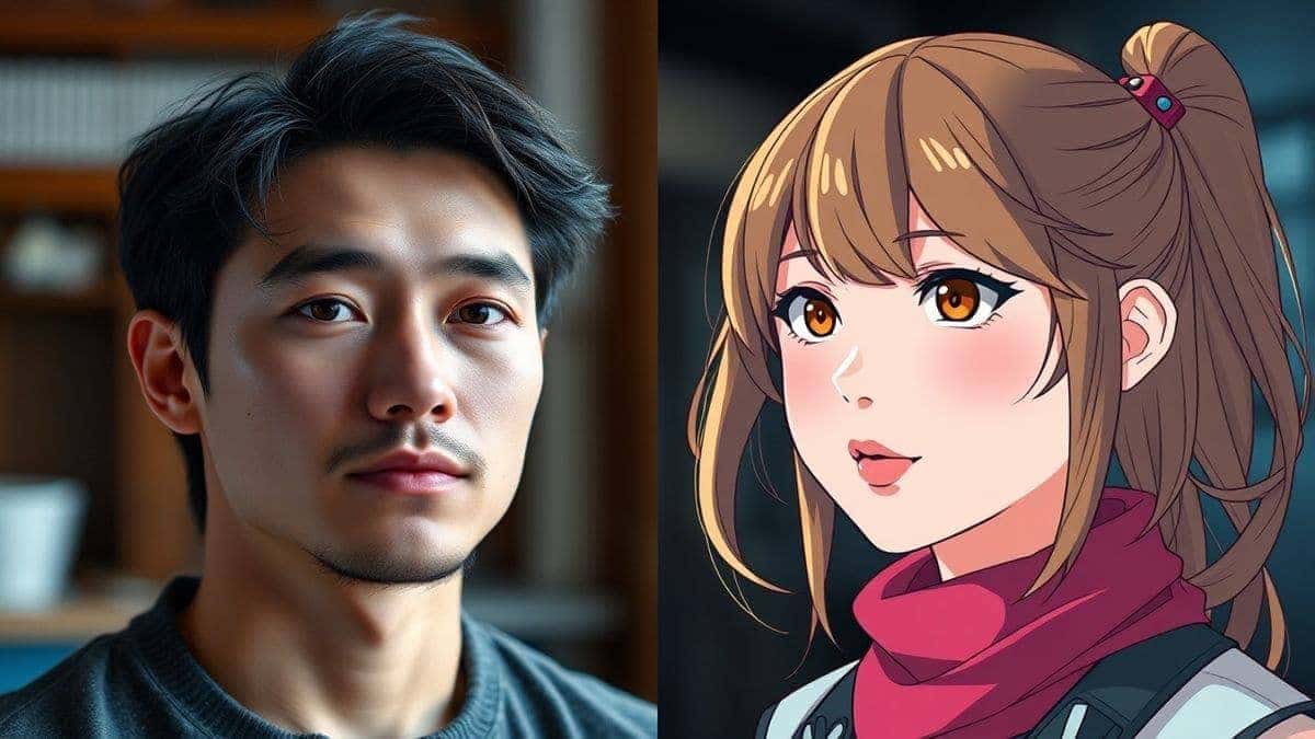 A split screen comparison showing a real photo of a person on the left and a stylized AI-generated anime version of the same person on the right, vibrant colors, professional quality, 4k