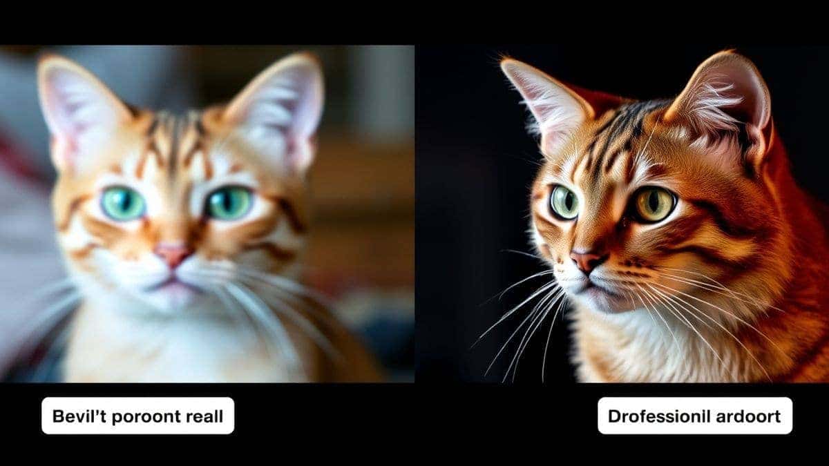 split screen showing bad prompt result versus good prompt result, left side blurry generic cat image, right side professional detailed cat portrait, dramatic lighting comparison, side by side visual split screen showing bad prompt result versus good prompt result, left side blurry generic cat image, right side professional detailed cat portrait, dramatic lighting comparison, side by side visual