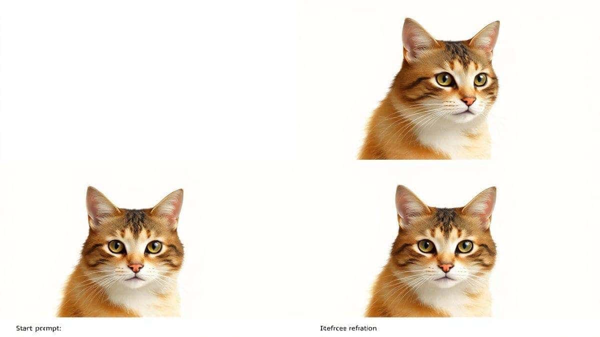 A series of four images showing the progression of an AI-generated cat portrait, starting from a basic prompt and becoming more detailed and stylized with each iteration, showcasing the refinement process A series of four images showing the progression of an AI-generated cat portrait, starting from a basic prompt and becoming more detailed and stylized with each iteration, showcasing the refinement process