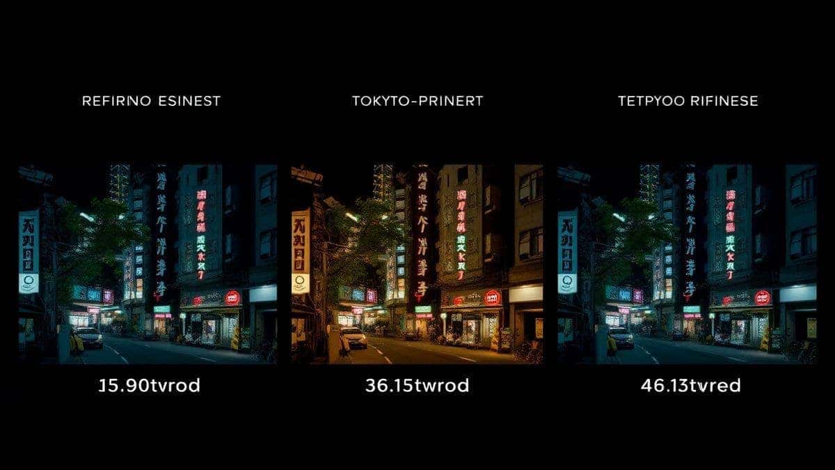 A visual workflow showing three AI-generated images of a Tokyo street at night, each one slightly brighter and more detailed than the last, demonstrating the prompt refinement process, 4k, clean design A visual workflow showing three AI-generated images of a Tokyo street at night, each one slightly brighter and more detailed than the last, demonstrating the prompt refinement process, 4k, clean design
