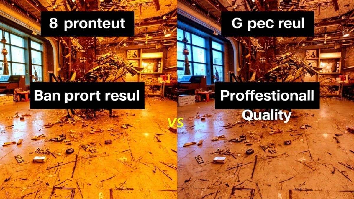 comparison between bad prompt result and good prompt result using AI image generator, side by side, messy image vs professional quality, text overlay showing prompt differences, 4k detail comparison between bad prompt result and good prompt result using AI image generator, side by side, messy image vs professional quality, text overlay showing prompt differences, 4k detail