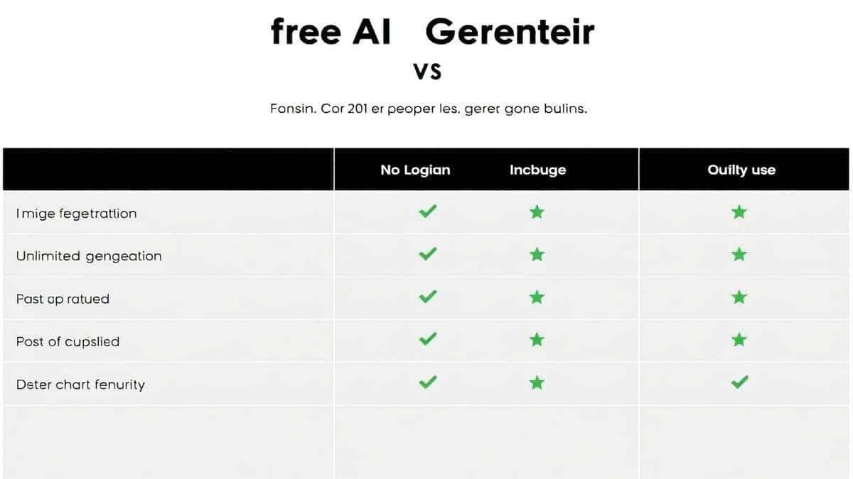 An infographic-style comparison chart showing the Free AI Image Generator, Midjourney, DALL-E 3, and Stock Photos, with checkmarks and X's for features like cost, login, and uniqueness, clean, modern design, 4k An infographic-style comparison chart showing the Free AI Image Generator, Midjourney, DALL-E 3, and Stock Photos, with checkmarks and X's for features like cost, login, and uniqueness, clean, modern design, 4k