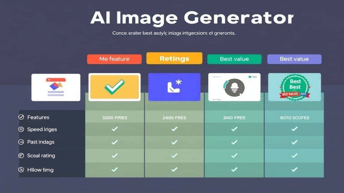 Visual comparison chart of popular AI image generators, showing features like price, speed, and quality with icons and graphs, modern infographic style, clean design Visual comparison chart of popular AI image generators, showing features like price, speed, and quality with icons and graphs, modern infographic style, clean design