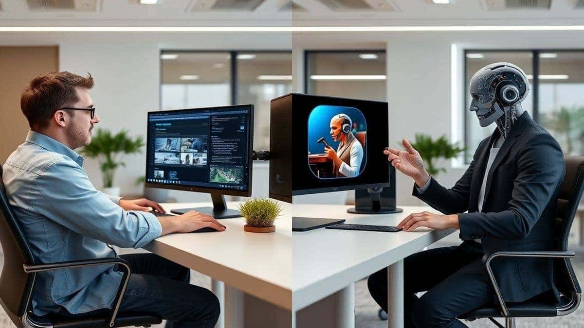 Split screen comparison showing a designer struggling with complex software on one side and a creator quickly generating images with an AI tool on the other side, modern office setting, clean lighting Split screen comparison showing a designer struggling with complex software on one side and a creator quickly generating images with an AI tool on the other side, modern office setting, clean lighting