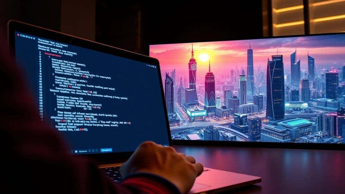 A split screen showing a person typing a prompt into a laptop on one side, and a large, vibrant, high-resolution AI-generated wallpaper of a futuristic city on the other side, professional quality, 4k, photorealistic style