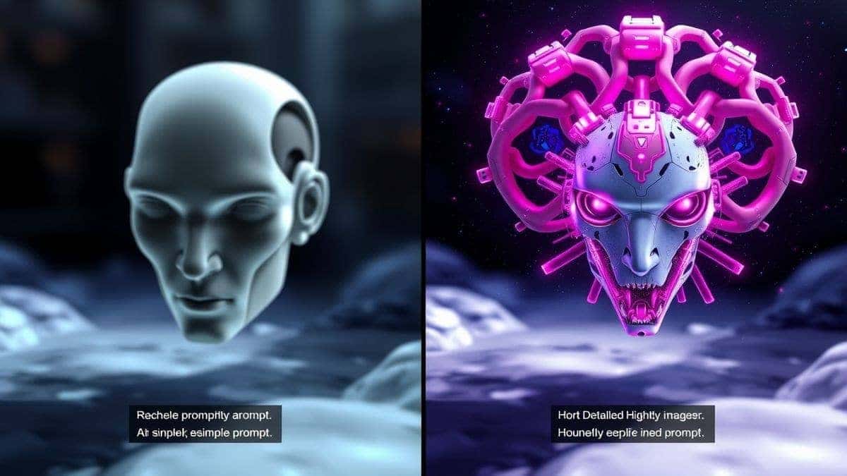 A side-by-side comparison showing a generic AI image from a simple prompt on the left, and a highly detailed, stunning AI image from a detailed, refined prompt on the right, with the prompts listed below each image, 4k A side-by-side comparison showing a generic AI image from a simple prompt on the left, and a highly detailed, stunning AI image from a detailed, refined prompt on the right, with the prompts listed below each image, 4k