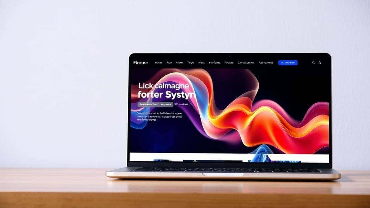 A stunning, modern website layout on a laptop screen, with abstract, colorful AI-generated hero images and graphics, professional, high quality, 4k
