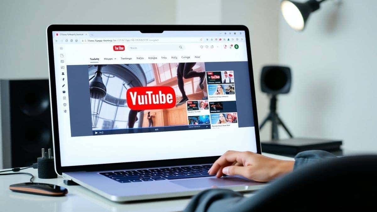 A designer using a laptop to generate YouTube thumbnails with AI, showing a split screen of the AI tool interface and YouTube studio, professional workspace, clean lighting, 4k