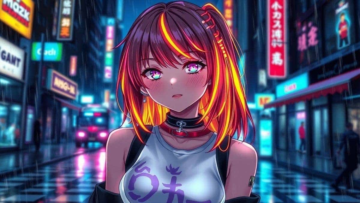 A stunning anime-style image of a cyberpunk girl with neon hair, standing in a rainy city street at night, vibrant colors, high detail, generated by the AI anime image generator feature of Free AI Image Generator A stunning anime-style image of a cyberpunk girl with neon hair, standing in a rainy city street at night, vibrant colors, high detail, generated by the AI anime image generator feature of Free AI Image Generator