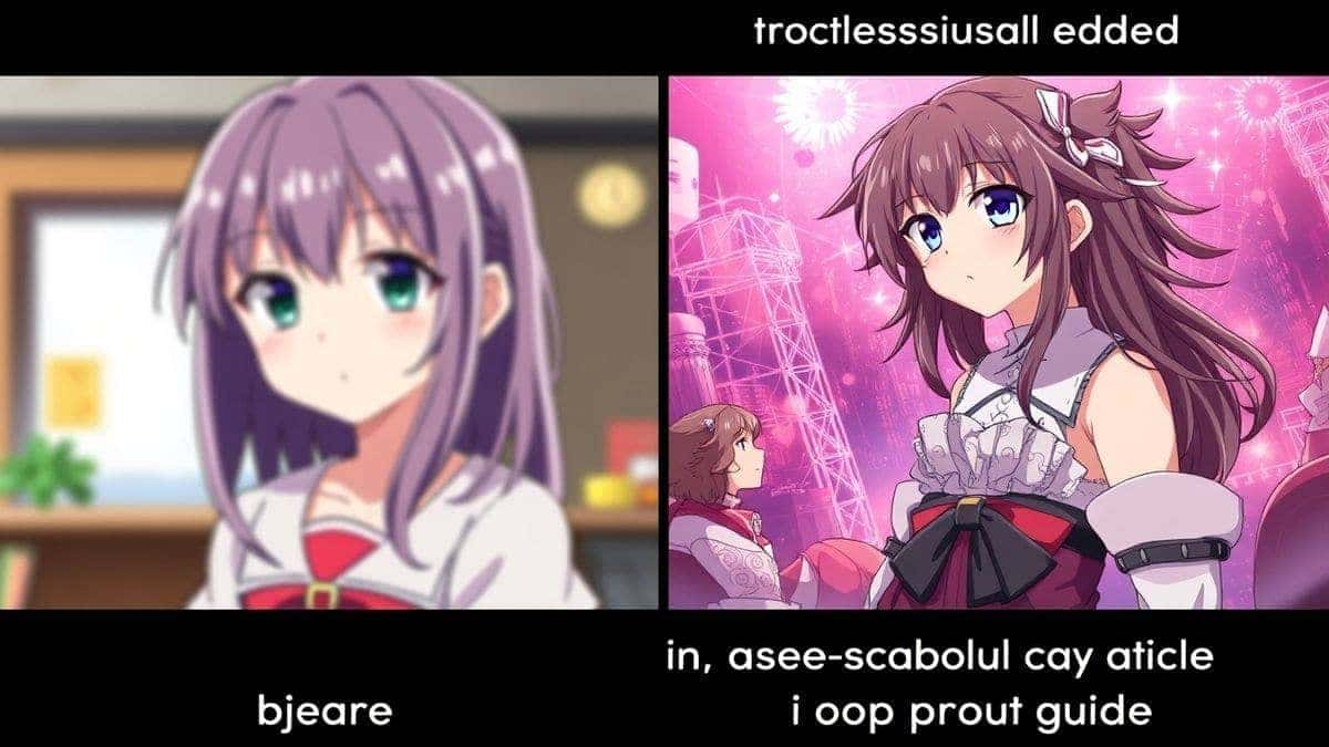 Visual comparison of two anime images. The left side is a basic, blurry anime girl. The right side is a highly detailed, professional-grade anime character with a complex background, vibrant lighting, and perfect details, showcasing the power of a good prompt guide