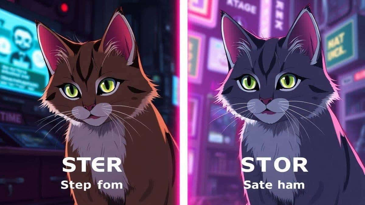 visual step guide showing a simple prompt turning into a bad image and a detailed prompt turning into a high quality anime cat in cyberpunk setting, comparison, 4k visual step guide showing a simple prompt turning into a bad image and a detailed prompt turning into a high quality anime cat in cyberpunk setting, comparison, 4k