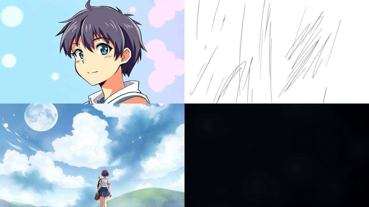 A grid of four AI-generated anime images showing different styles: one in vibrant Makoto Shinkai style, one in a rough pencil sketch style, one in a soft watercolor style, and one in a dark, moody cinematic style, all created with Flux AI, high quality, diverse