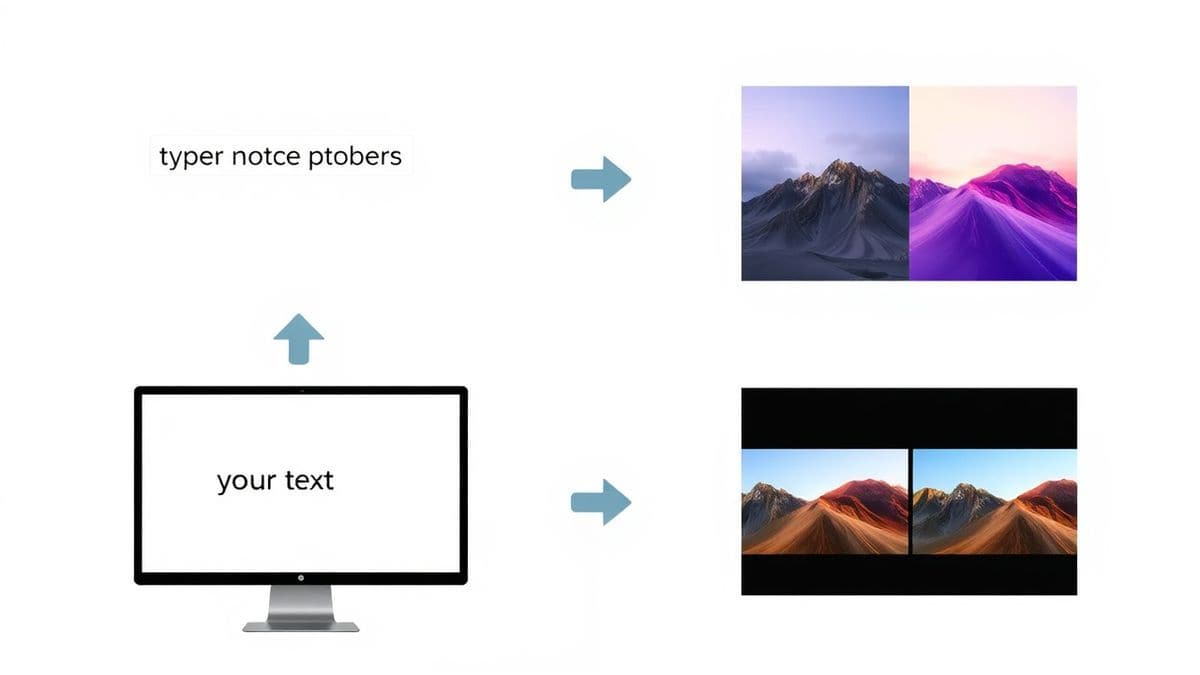 A step-by-step visual workflow showing a text prompt being typed into a computer, then four different AI-generated image variations appearing on the screen, showcasing different styles and compositions, clean and modern design